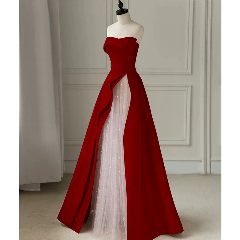 Modest A line Strapless Long Red Satin Prom Dresses Evening Party Dress