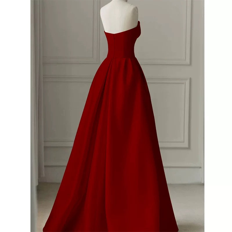 Modest A line Strapless Long Red Satin Prom Dresses Evening Party Dress