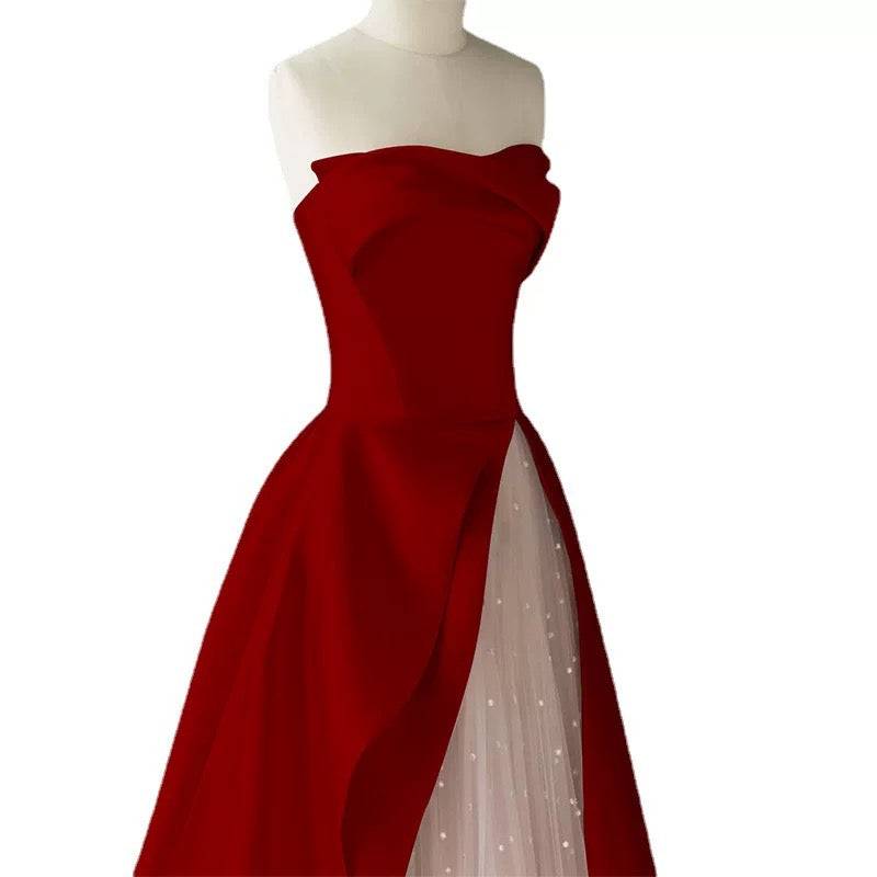 Modest A line Strapless Long Red Satin Prom Dresses Evening Party Dress