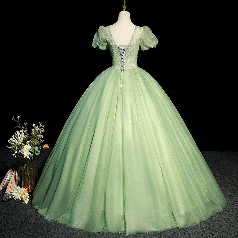 Modest Ball Gown V Neckline Sage Green Tulle Long Flowers Sweet 16 Dresses