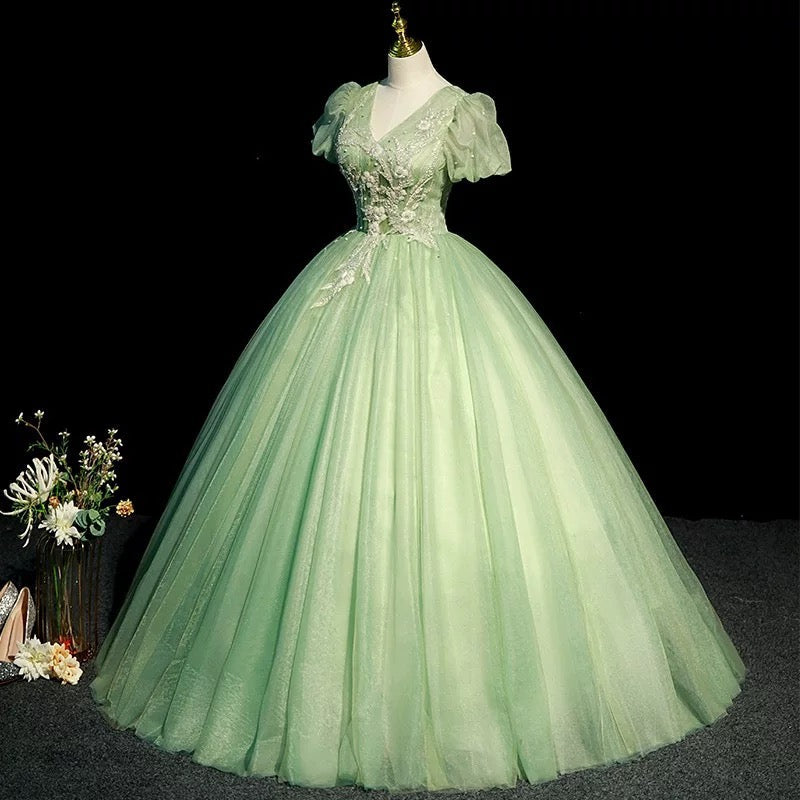 Modest Ball Gown V Neckline Sage Green Tulle Long Flowers Sweet 16 Dresses