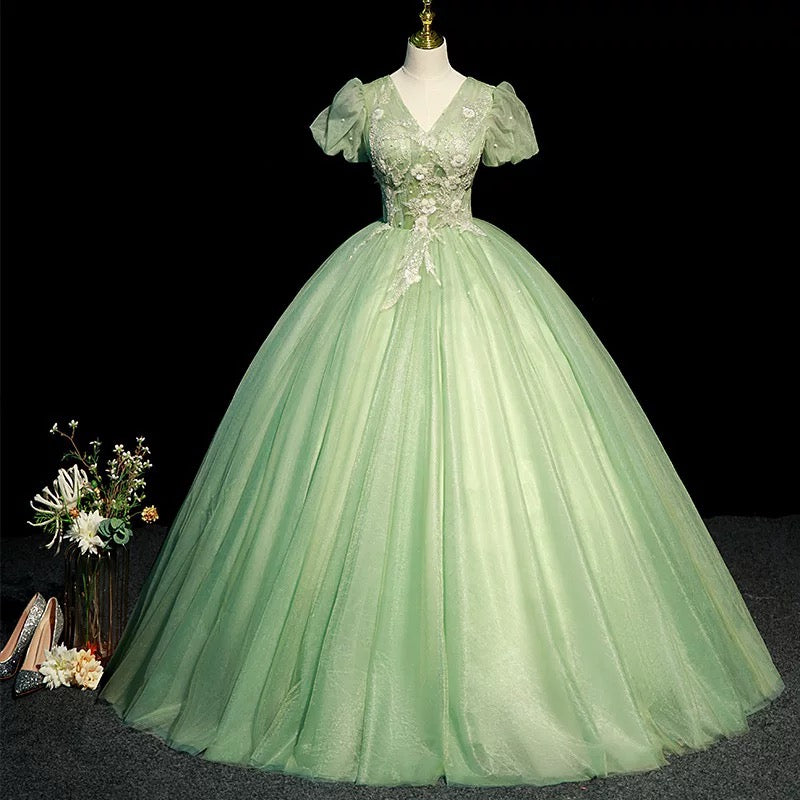 Modest Ball Gown V Neckline Sage Green Tulle Long Flowers Sweet 16 Dresses