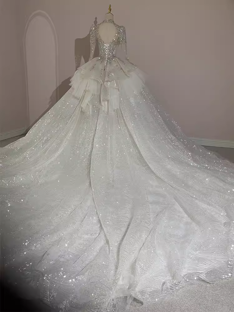 Fairytale Ball Gown High Neckline Tulle Sequin Long Wedding Dresses