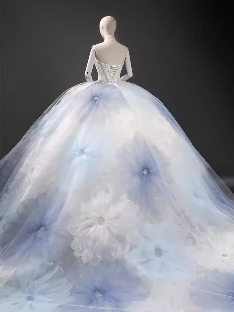 Fairytale Ball Gown Strapless Neckline Tulle Flowers Long Wedding Dresses