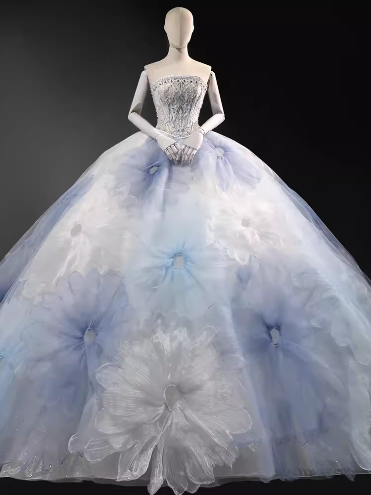 Fairytale Ball Gown Strapless Neckline Tulle Flowers Long Wedding Dresses