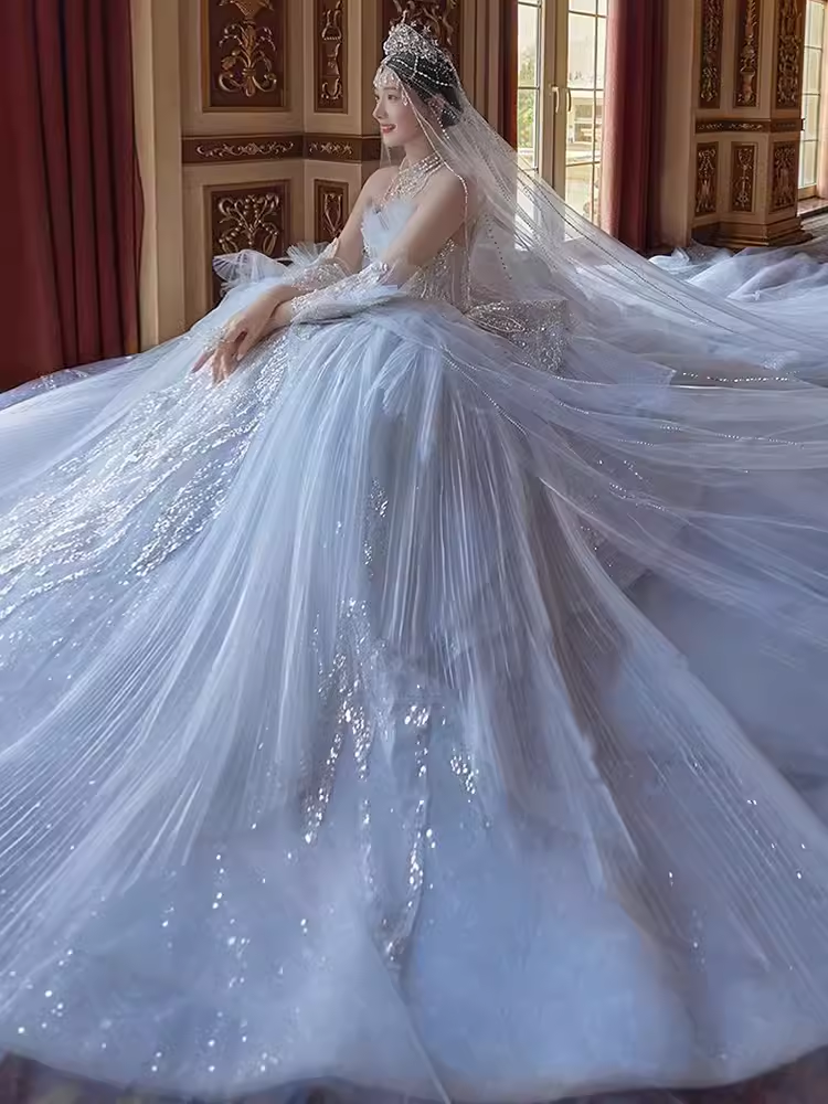 Fairytale Ball Gown Strapless Tulle Sequin Long Wedding Dresses