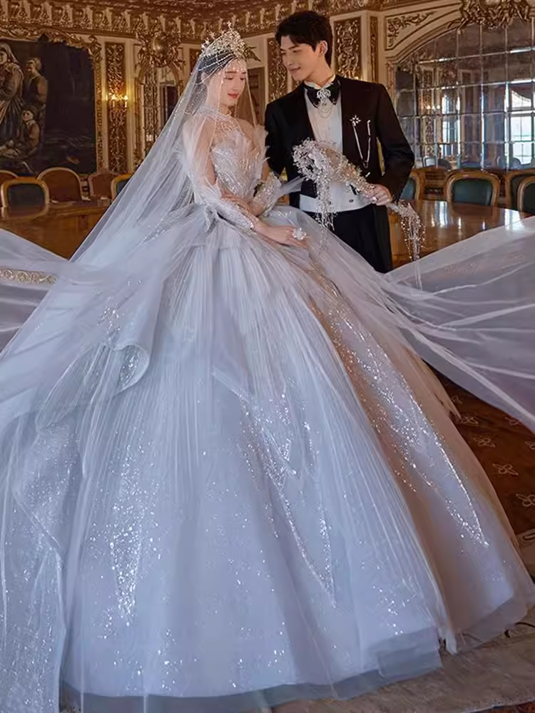 Fairytale Ball Gown Strapless Tulle Sequin Long Wedding Dresses