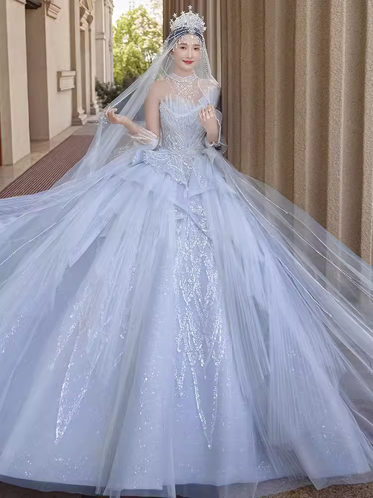 Fairytale Ball Gown Strapless Tulle Sequin Long Wedding Dresses