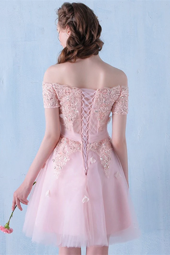 Pink Off the Shoulder Tulle Short Prom Dress with Beading, A Line Homecoming Dress