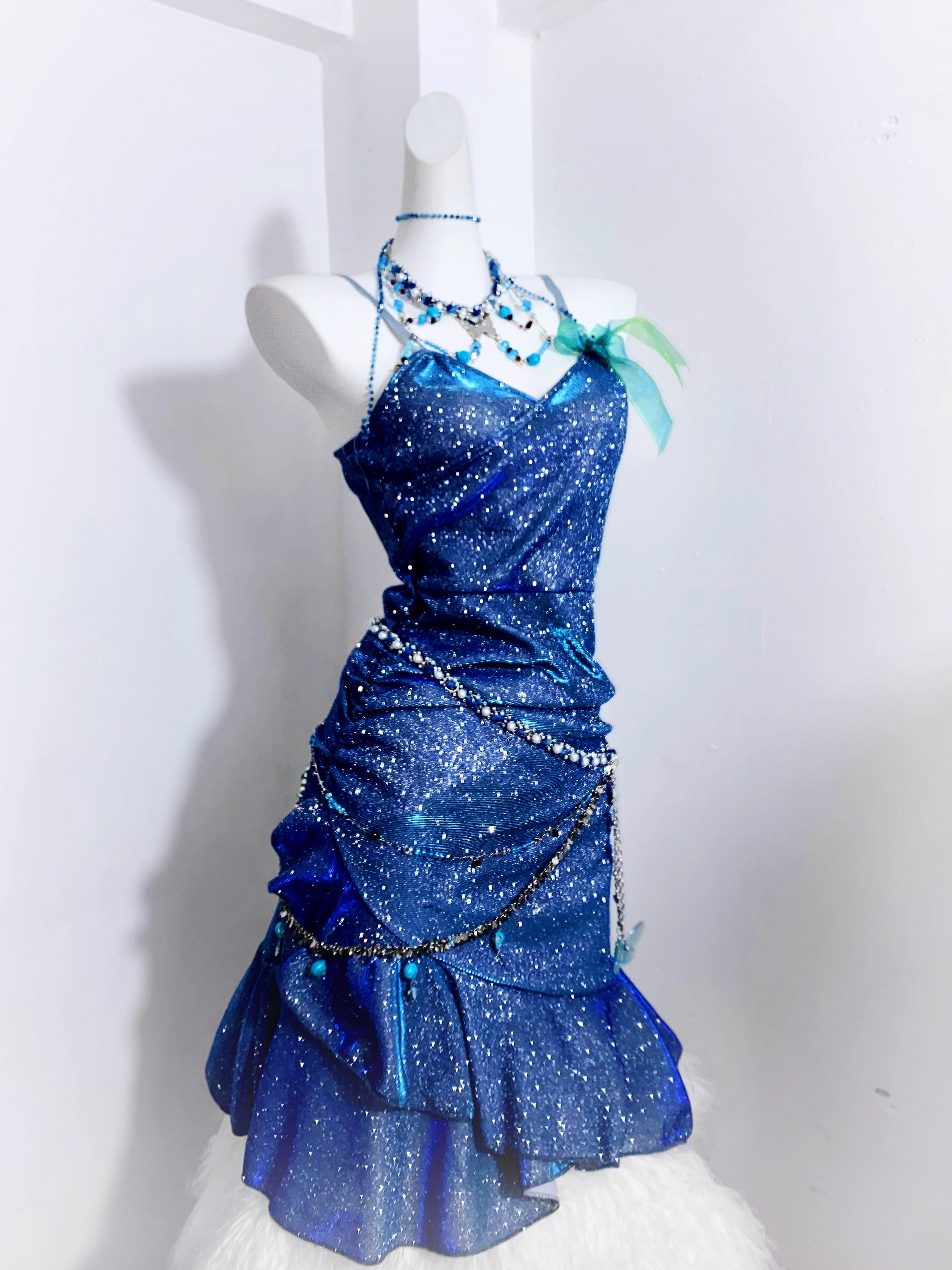 Glitter Blue Spaghetti Straps Short Ruffle Cocktail Dress Formal Homecoming Dress
