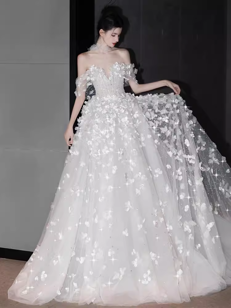 Princess Ball Gown Off The Shoulder Tulle Flowers Long Wedding Dresses