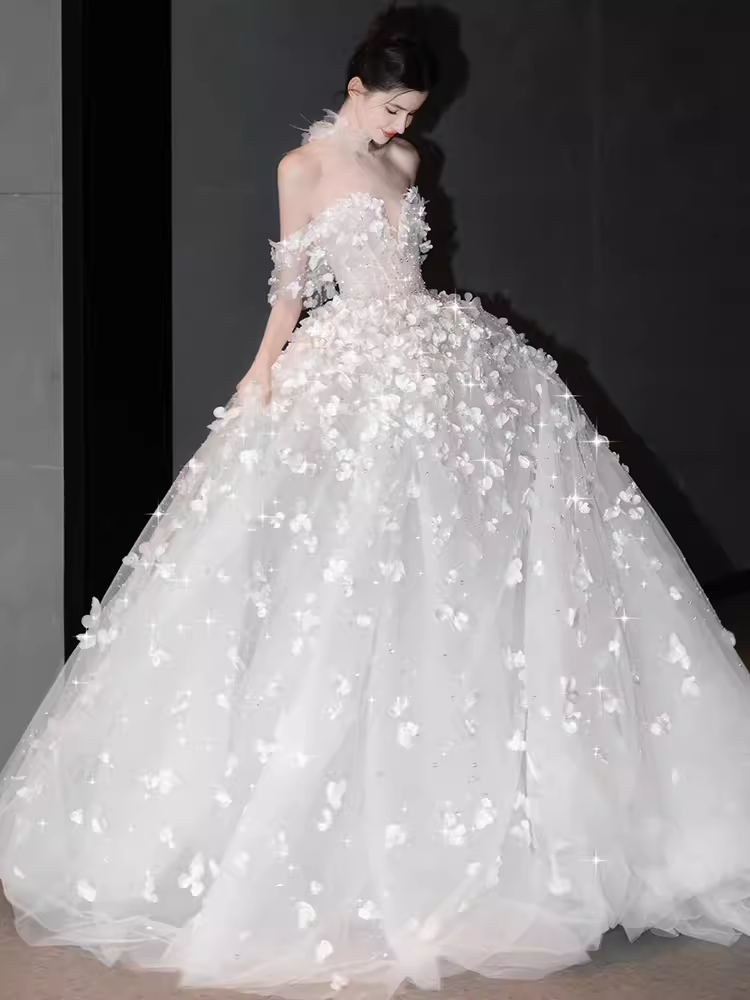 Princess Ball Gown Off The Shoulder Tulle Flowers Long Wedding Dresses
