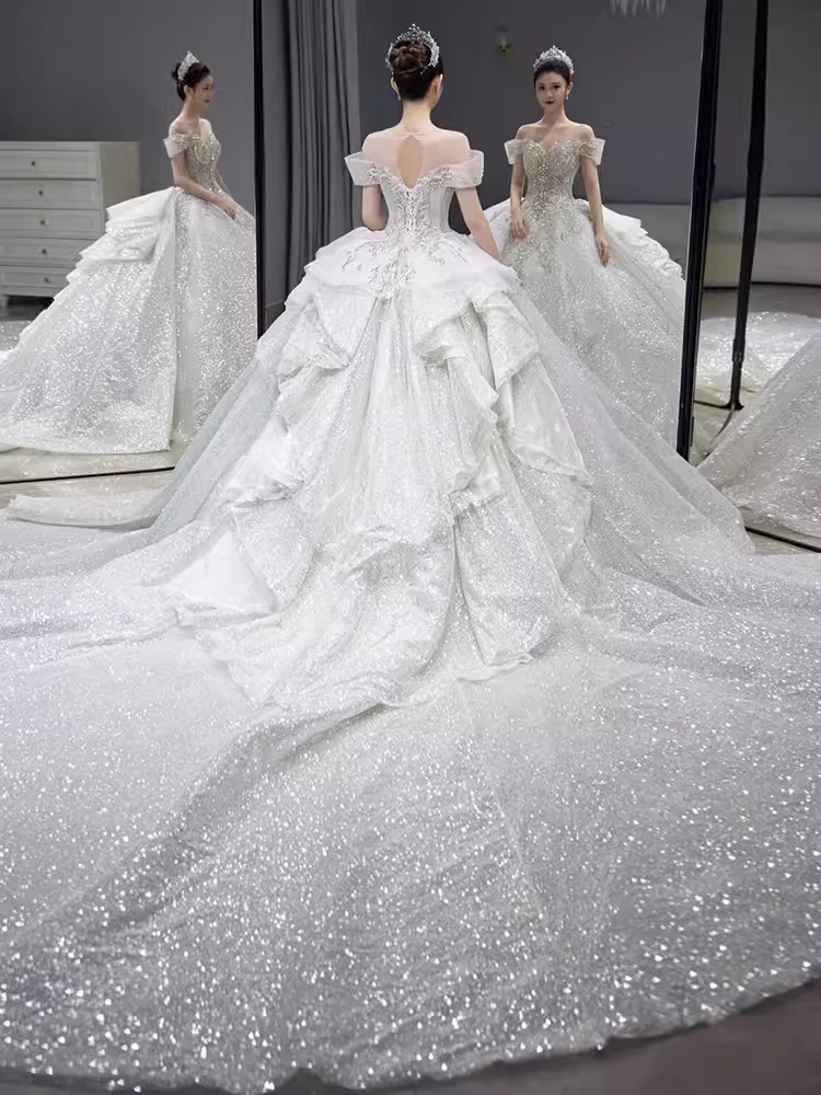 Princess Ball Gown Off The Shoulder Sequin Long Wedding Dresses