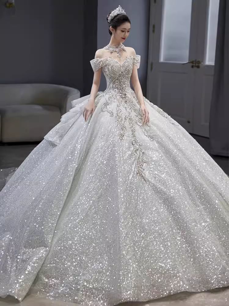 Princess Ball Gown Off The Shoulder Sequin Long Wedding Dresses