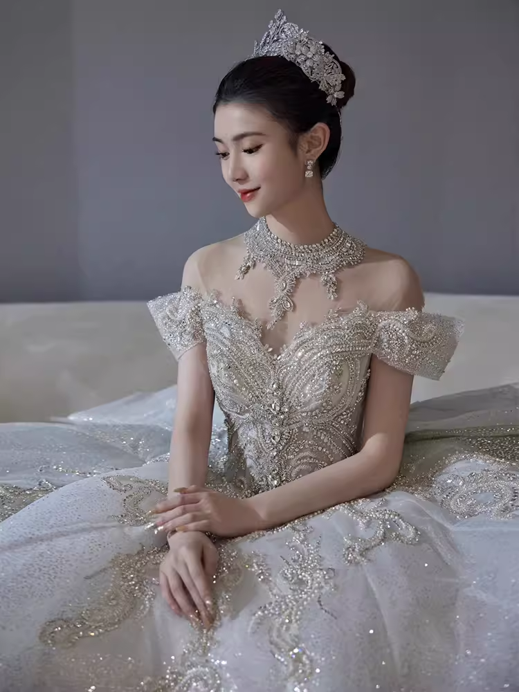 Princess Ball Gown Off The Shoulder Sequin Long Wedding Dresses