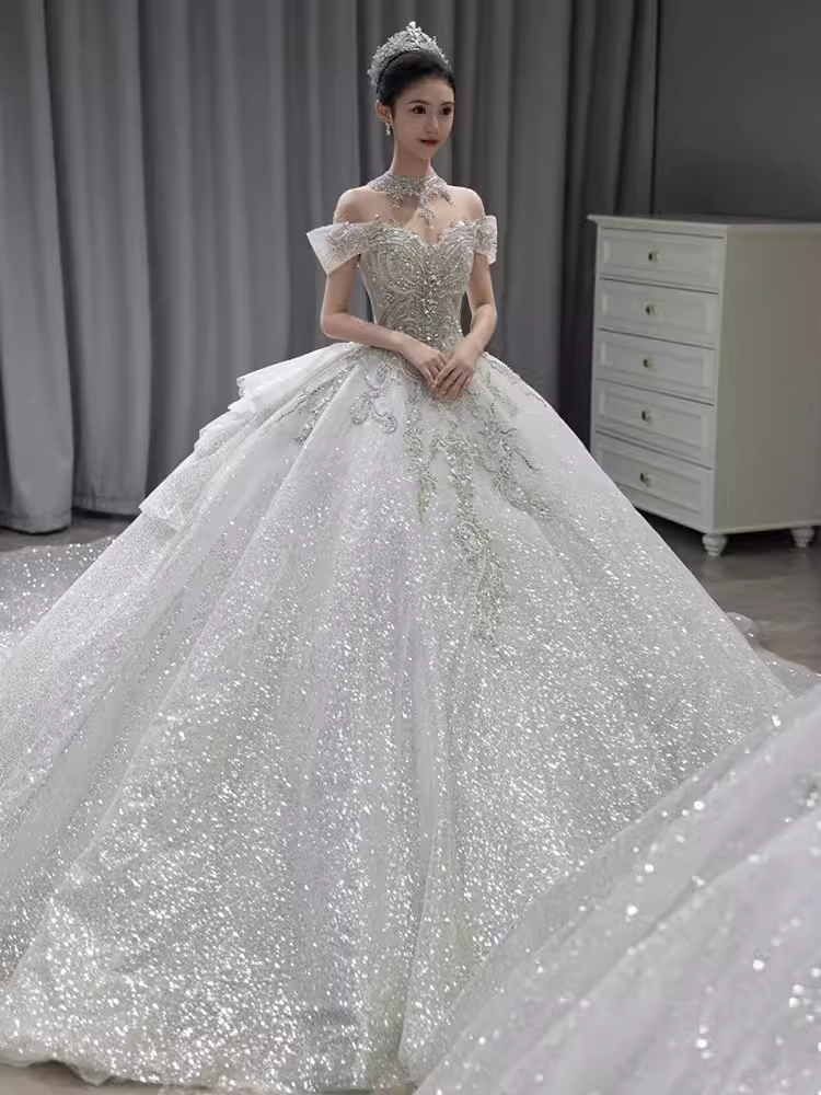 Princess Ball Gown Off The Shoulder Sequin Long Wedding Dresses