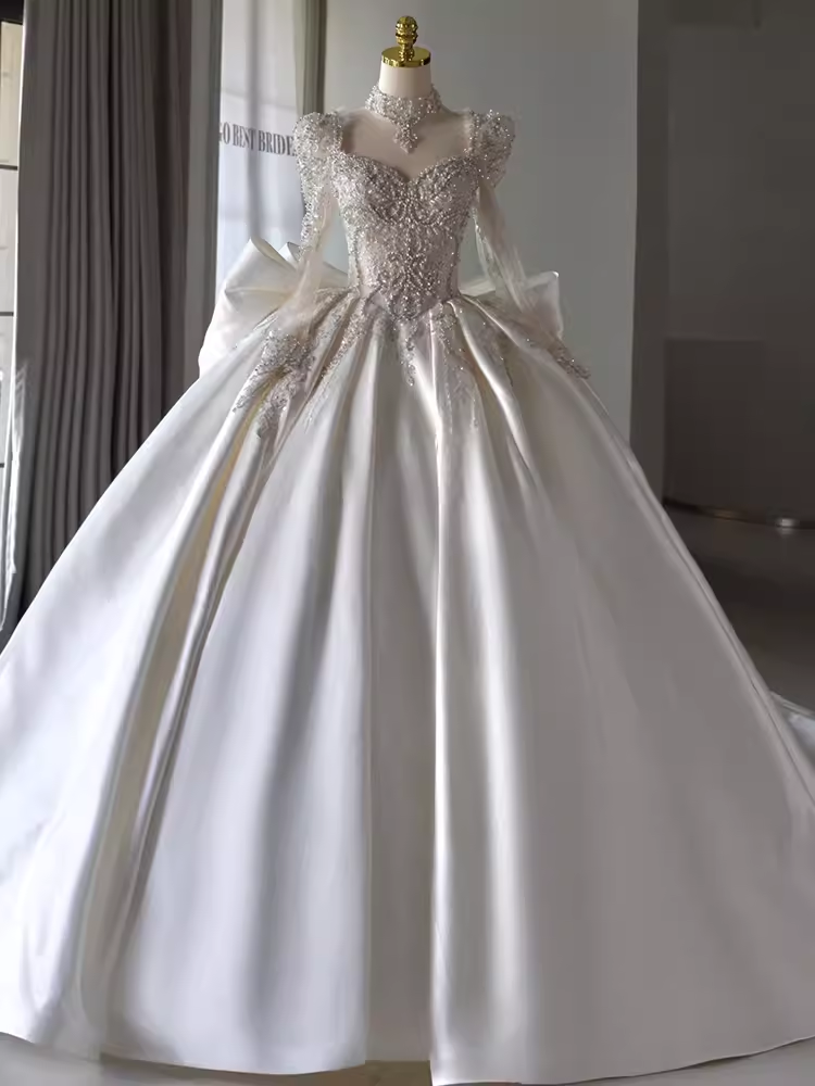Princess Ball Gown Long Sleeves Satin Wedding Dresses