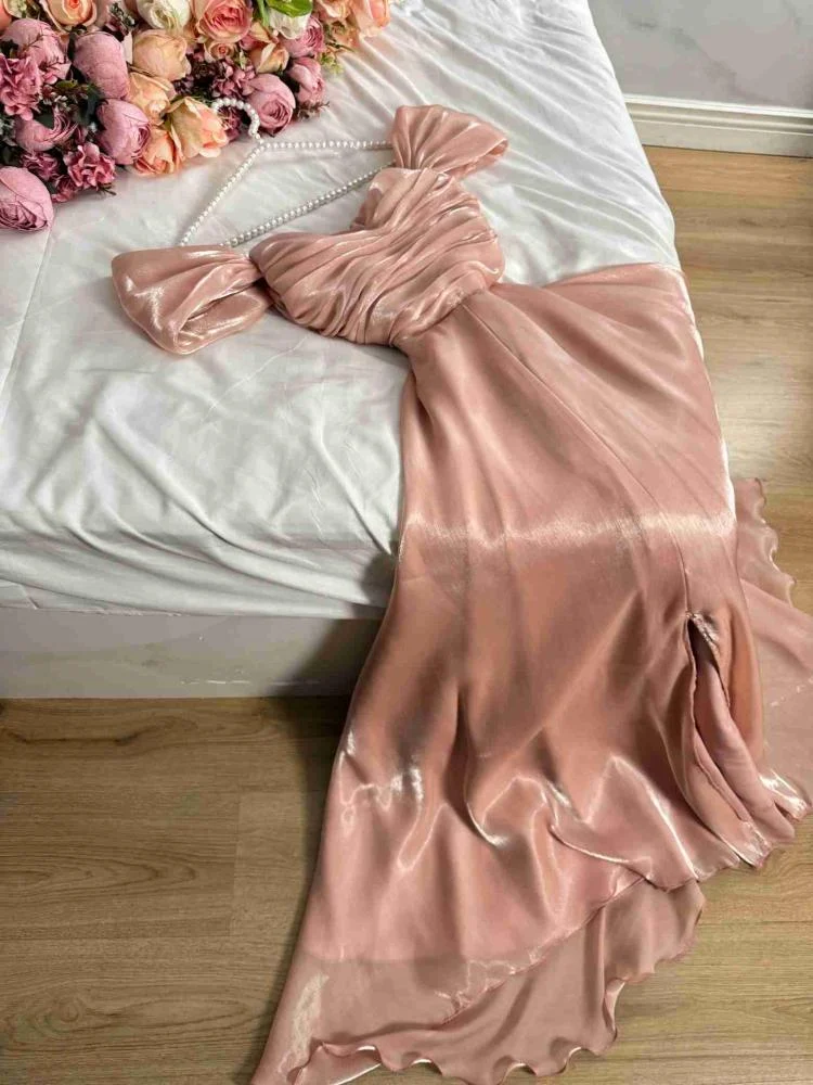 Modest A Line Strapless Silk Satin Long Pink Prom Dress Evening Dresses