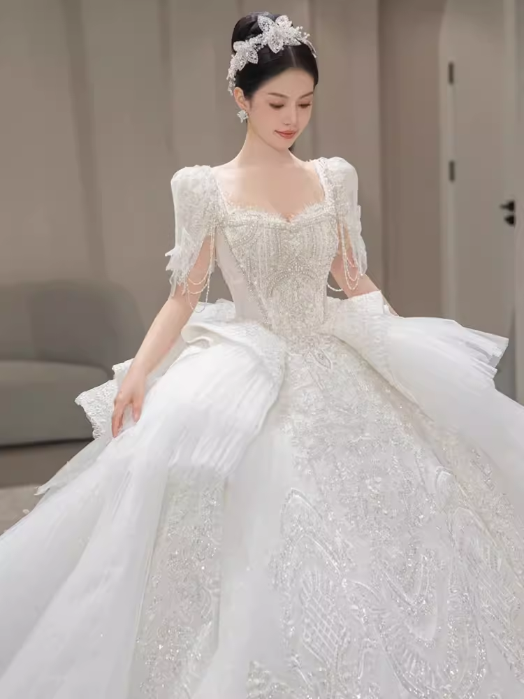 Princess Ball Gown Half Sleeves Lace Wedding Dresses