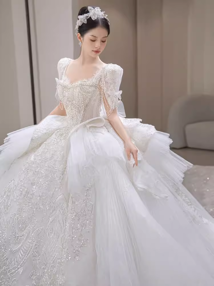 Princess Ball Gown Half Sleeves Lace Wedding Dresses