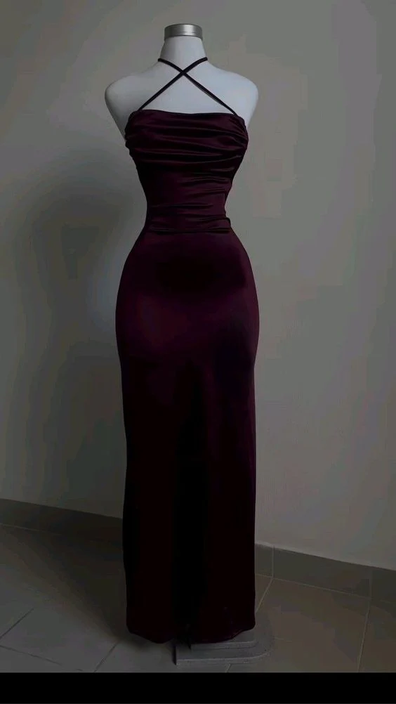 Sexy Sheath Halter Burgundy Slim Fit Long Prom Dress Evening Dresses