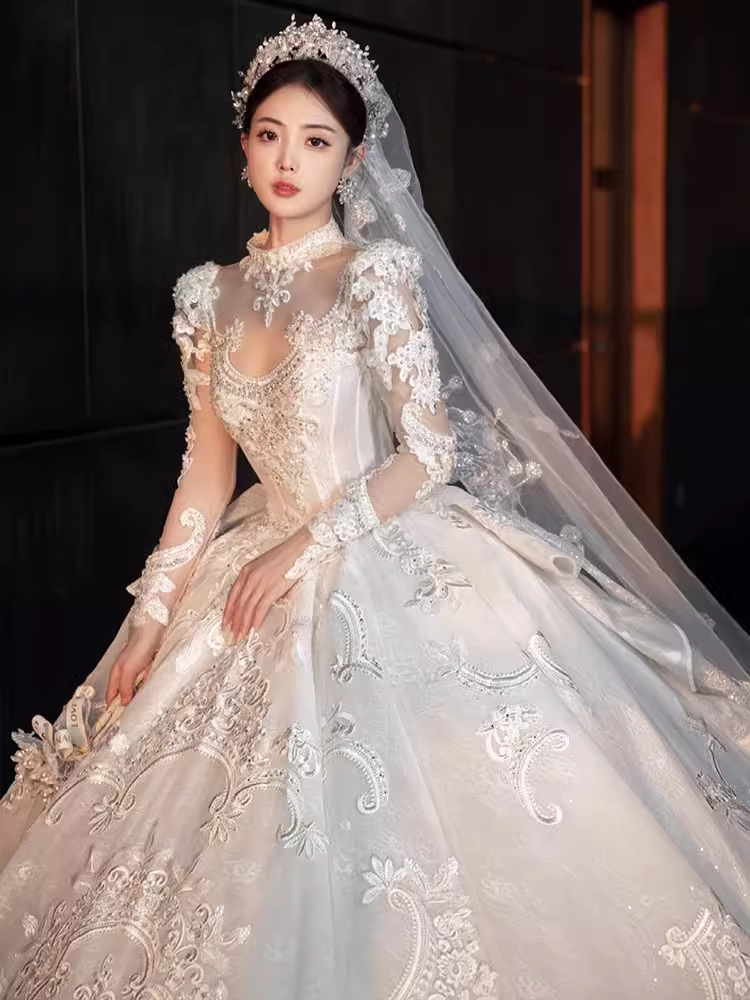 Elegant Ball Gown High neckline Long Sleeves Satin Wedding Dresses