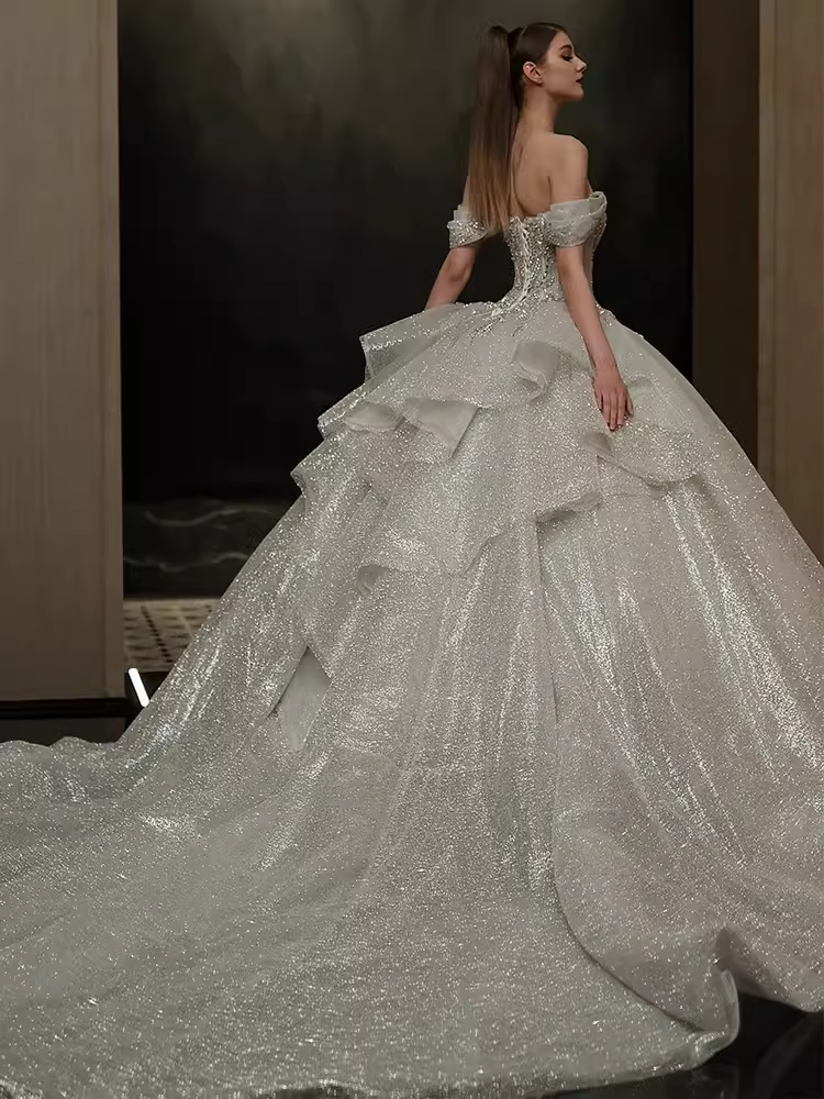 Elegant Ball Gown Off The Shoulder Sequin Short Sleeves Sequin Wedding Dresses