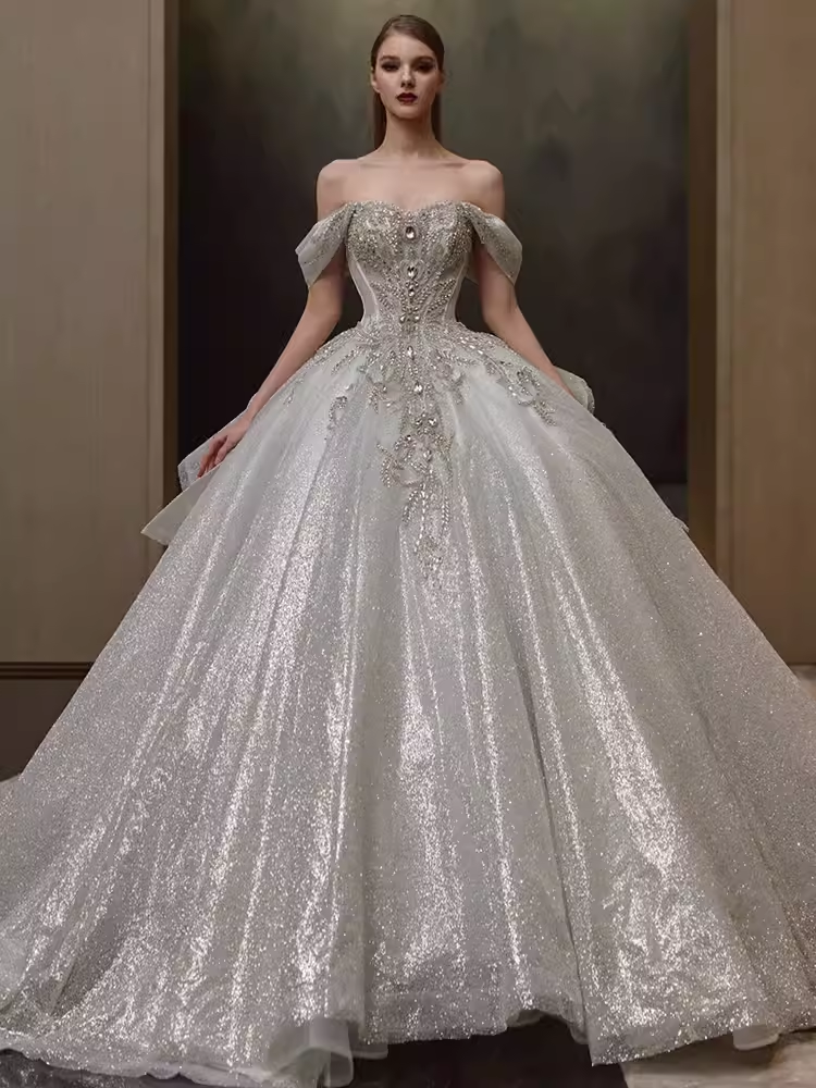 Elegant Ball Gown Off The Shoulder Sequin Short Sleeves Sequin Wedding Dresses