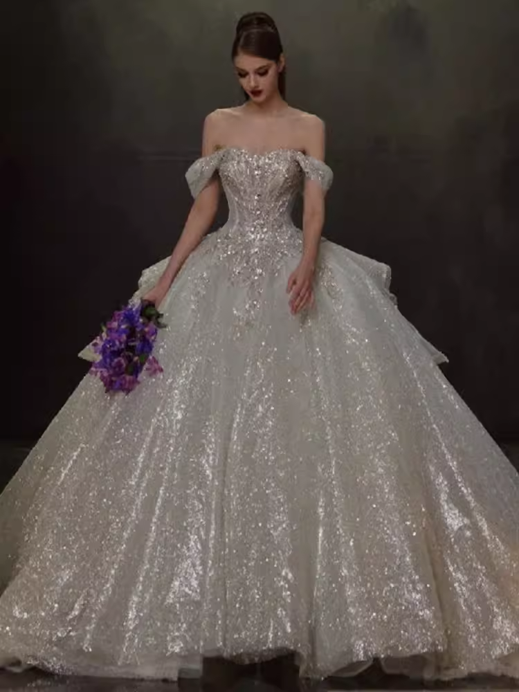 Elegant Ball Gown Off The Shoulder Sequin Short Sleeves Sequin Wedding Dresses