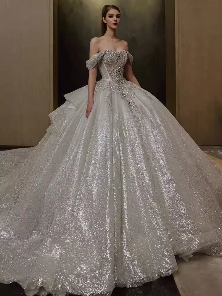 Elegant Ball Gown Off The Shoulder Sequin Short Sleeves Sequin Wedding Dresses