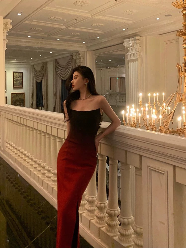Sexy Mermaid Strapless Ombre Burgundy Satin Long Prom Dress Evening Dresses