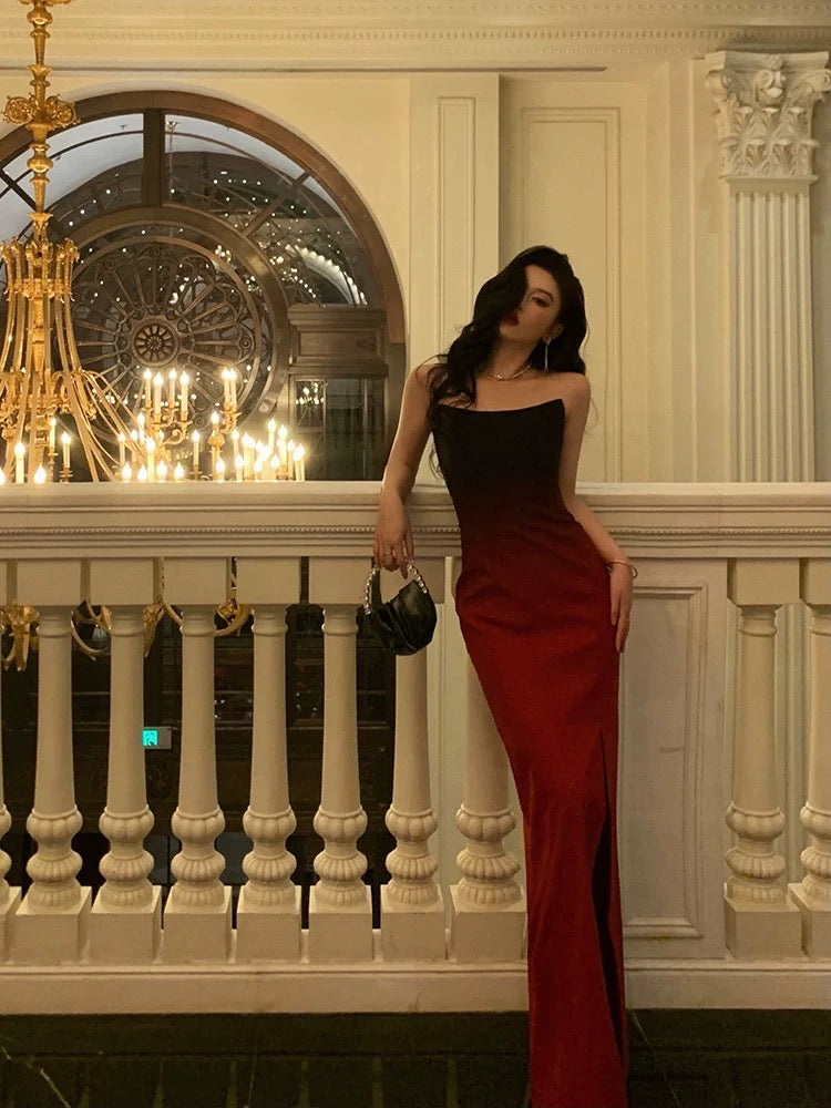 Sexy Mermaid Strapless Ombre Burgundy Satin Long Prom Dress Evening Dresses