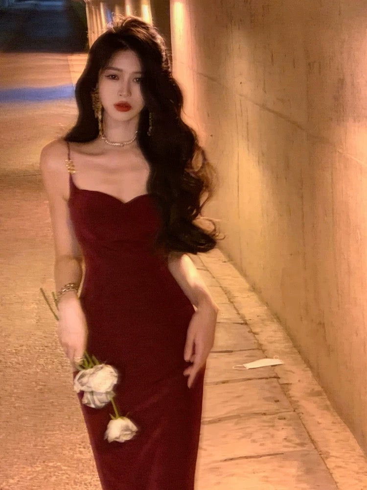Sexy Mermaid Straps Velvet Burgundy Long Prom Dress Evening Dresses