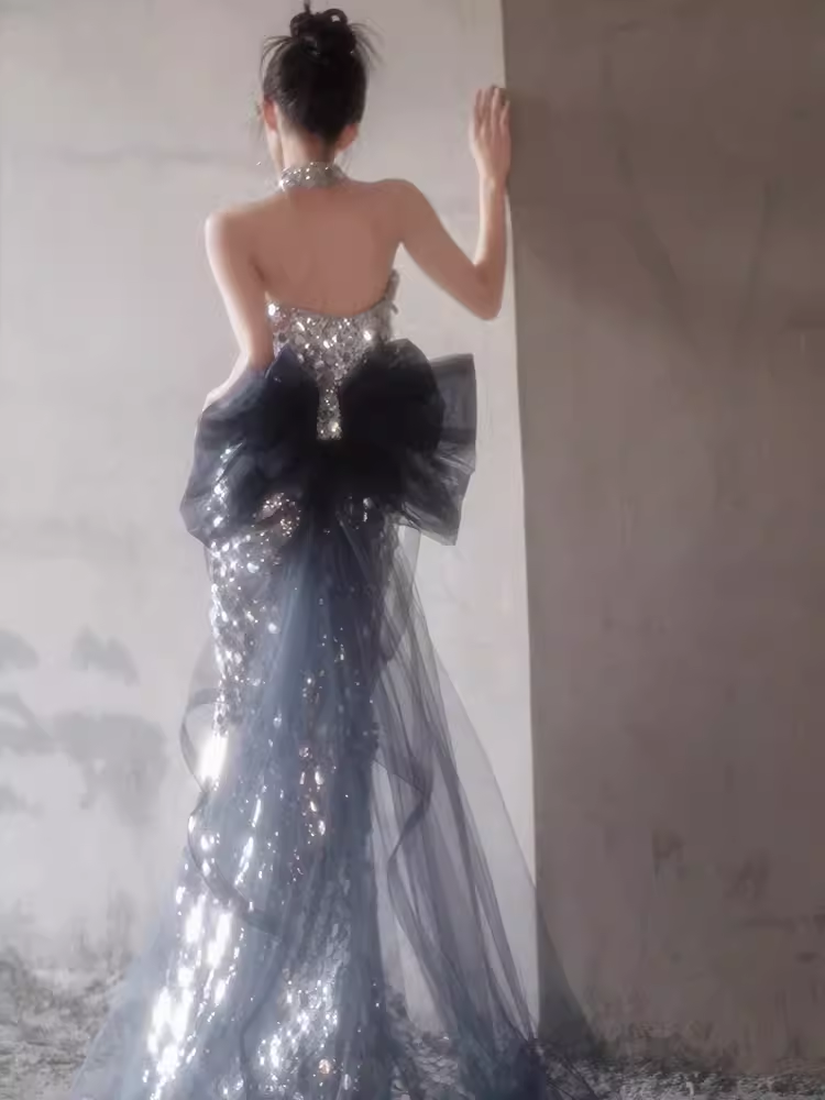 Modest Mermaid Strapless Sequin Long Prom Dresses