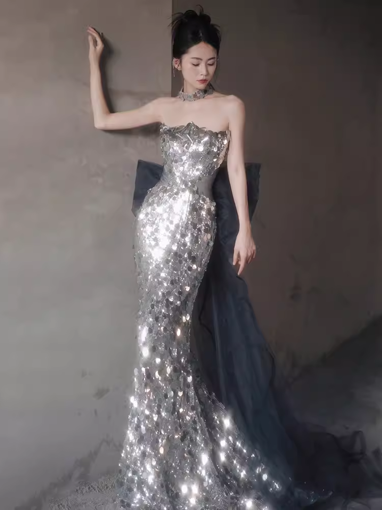 Modest Mermaid Strapless Sequin Long Prom Dresses
