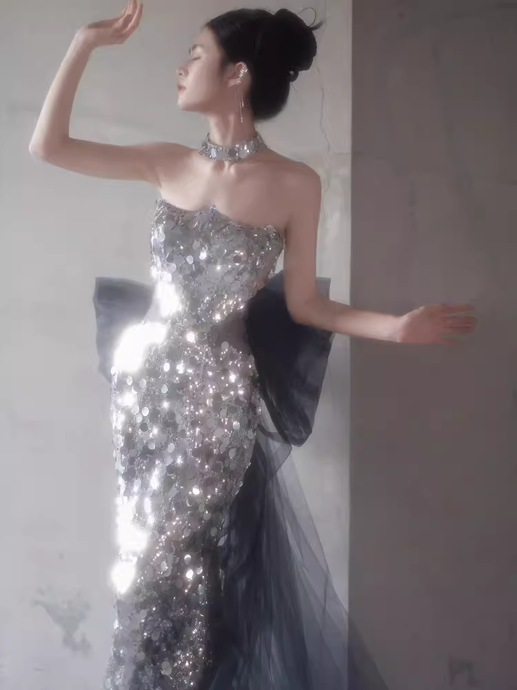 Modest Mermaid Strapless Sequin Long Prom Dresses