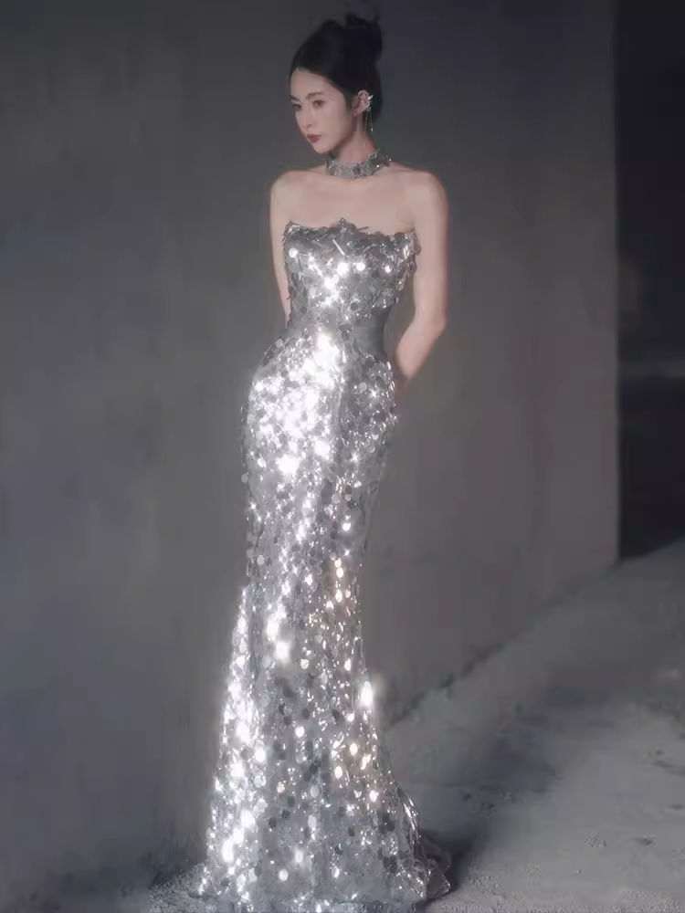 Modest Mermaid Strapless Sequin Long Prom Dresses