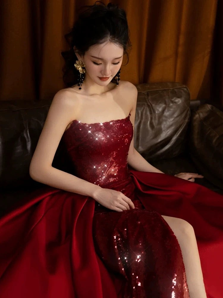 Sexy Mermaid Red Sleeveless Long Sequin Prom Dress Evening Dresses