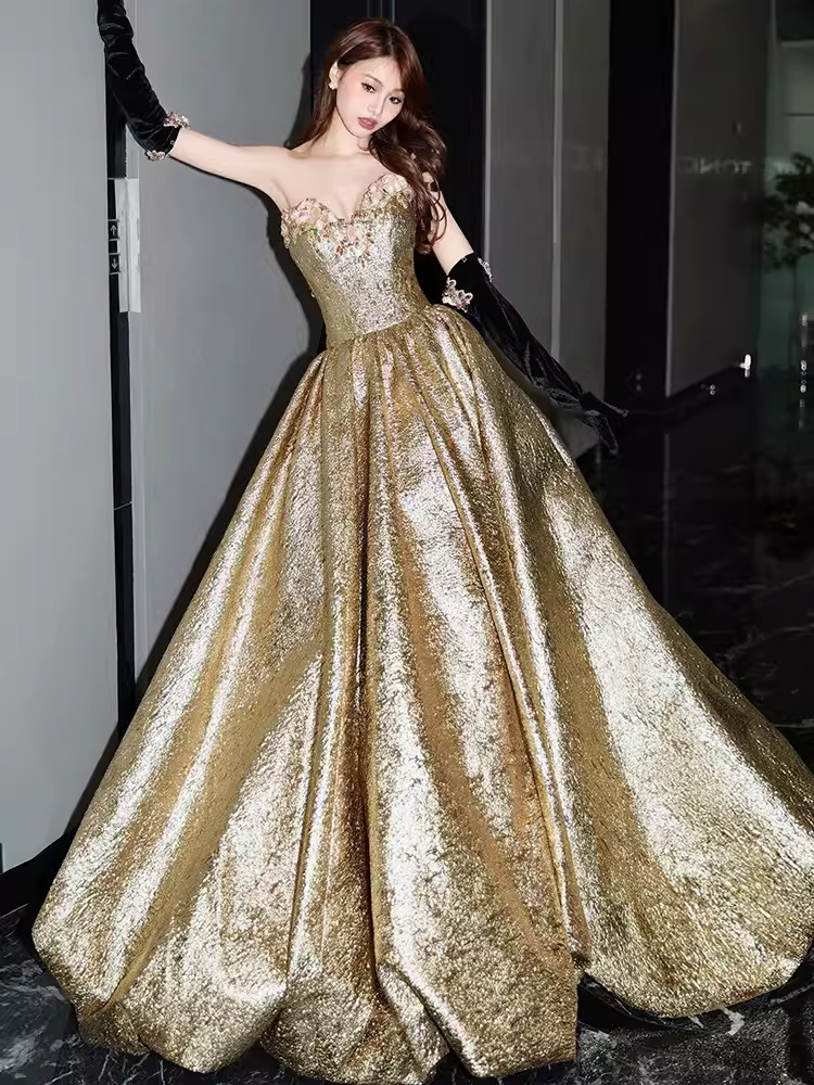 Modest A Line Strapless Satin Gold Long Prom Dresses
