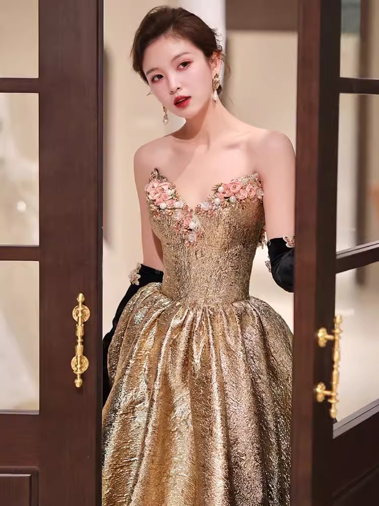 Modest A Line Strapless Satin Gold Long Prom Dresses