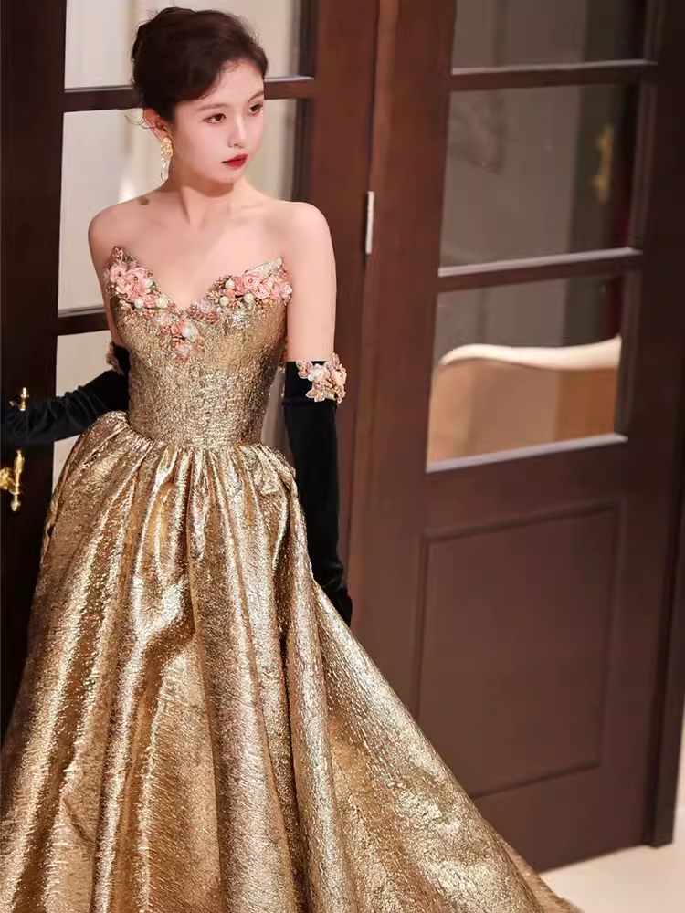 Modest A Line Strapless Satin Gold Long Prom Dresses