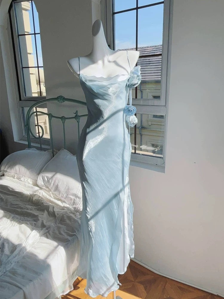 Modest Mermaid Spaghetti Straps Long Blue Prom Dress Evening Dresses