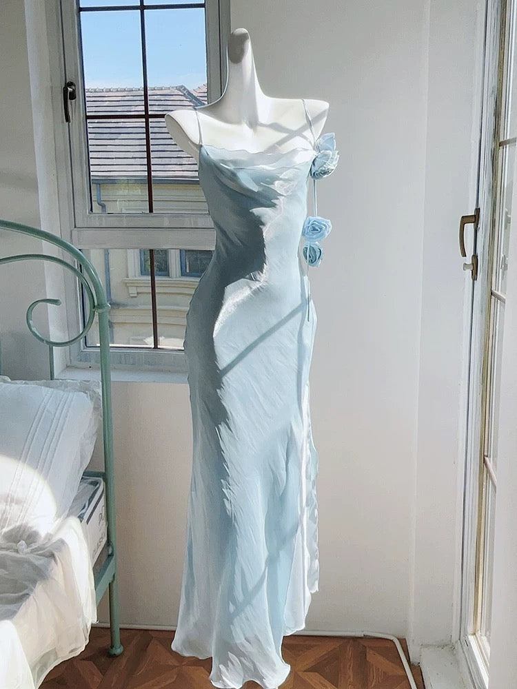 Modest Mermaid Spaghetti Straps Long Blue Prom Dress Evening Dresses
