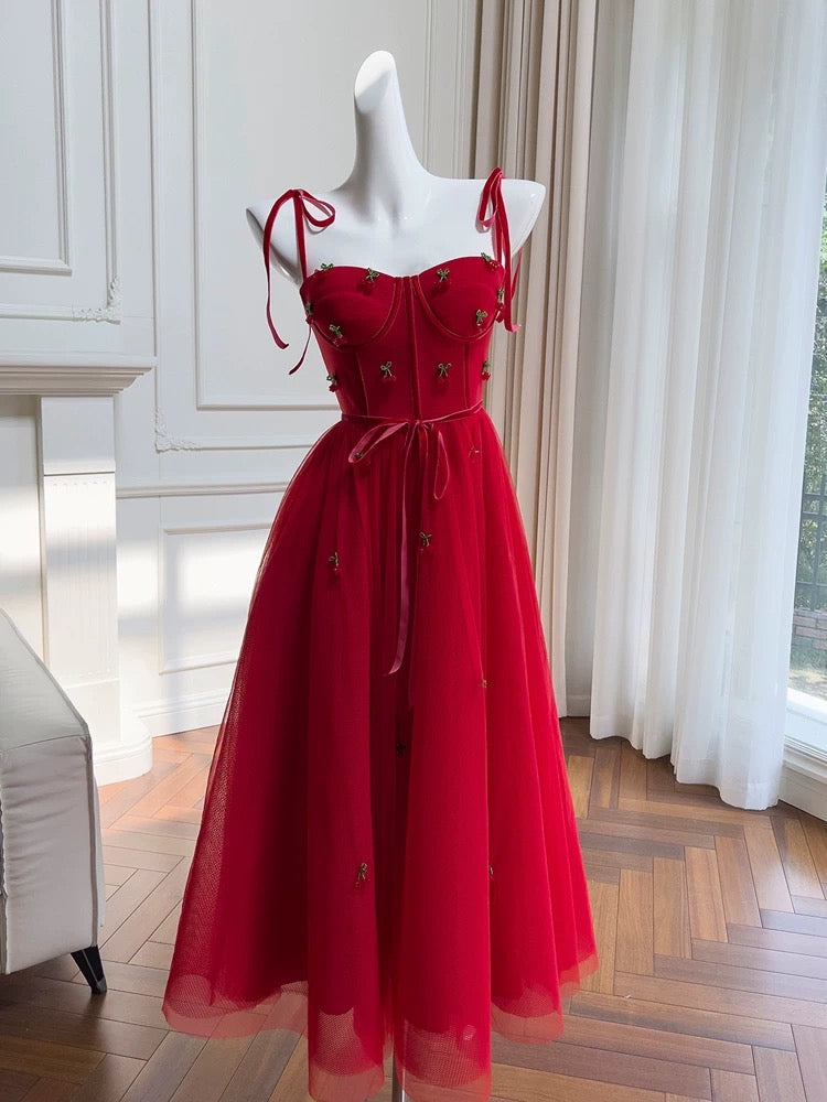 Elegant A line Spaghetti Straps Red Slim Fit Tulle Prom Dress Evening Dresses