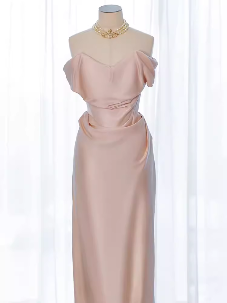 Modest Mermaid Off The Shoulder PInk Satin Long Prom Dresses