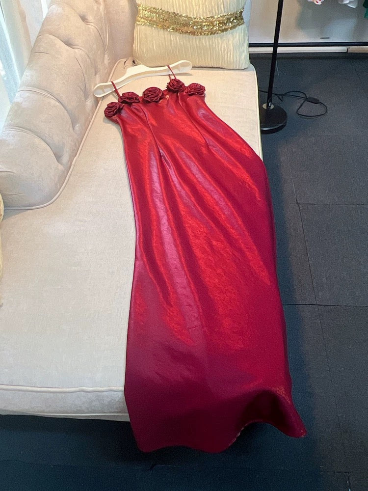 Elegant A line Spaghetti Straps Red Slim Fit Satin Prom Dress Evening Dresses