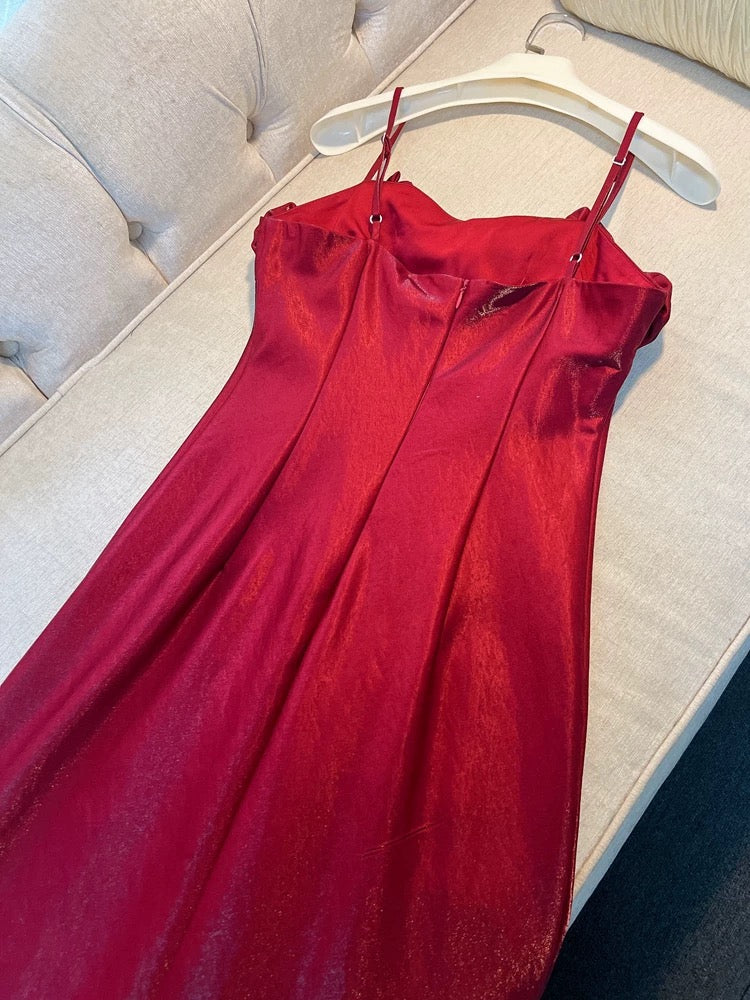 Elegant A line Spaghetti Straps Red Slim Fit Satin Prom Dress Evening Dresses