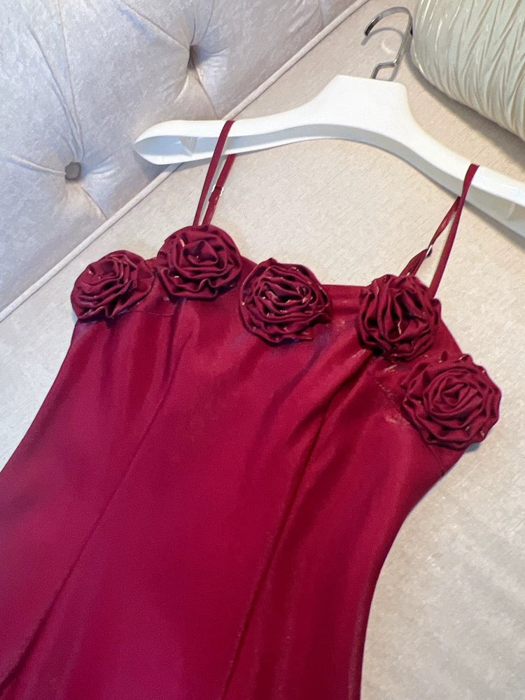 Elegant A line Spaghetti Straps Red Slim Fit Satin Prom Dress Evening Dresses