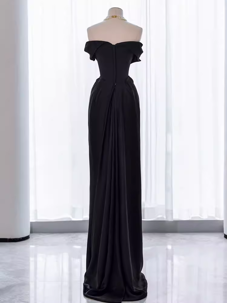 Modest Mermaid Off The Shoulder Black Satin Long Prom Dresses