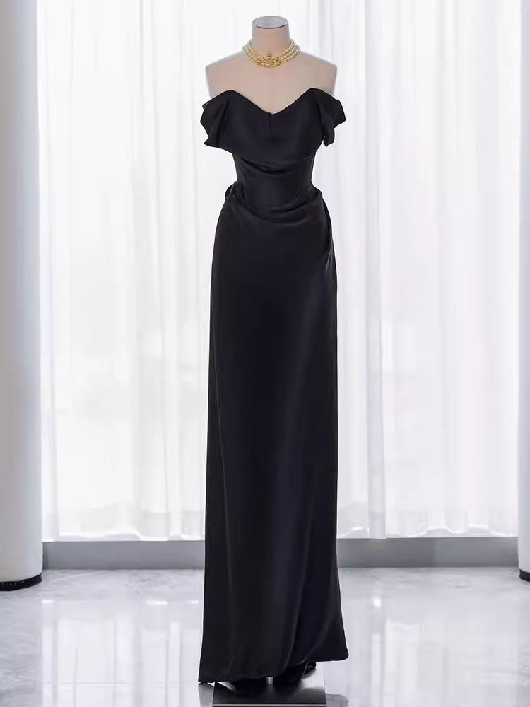 Modest Mermaid Off The Shoulder Black Satin Long Prom Dresses